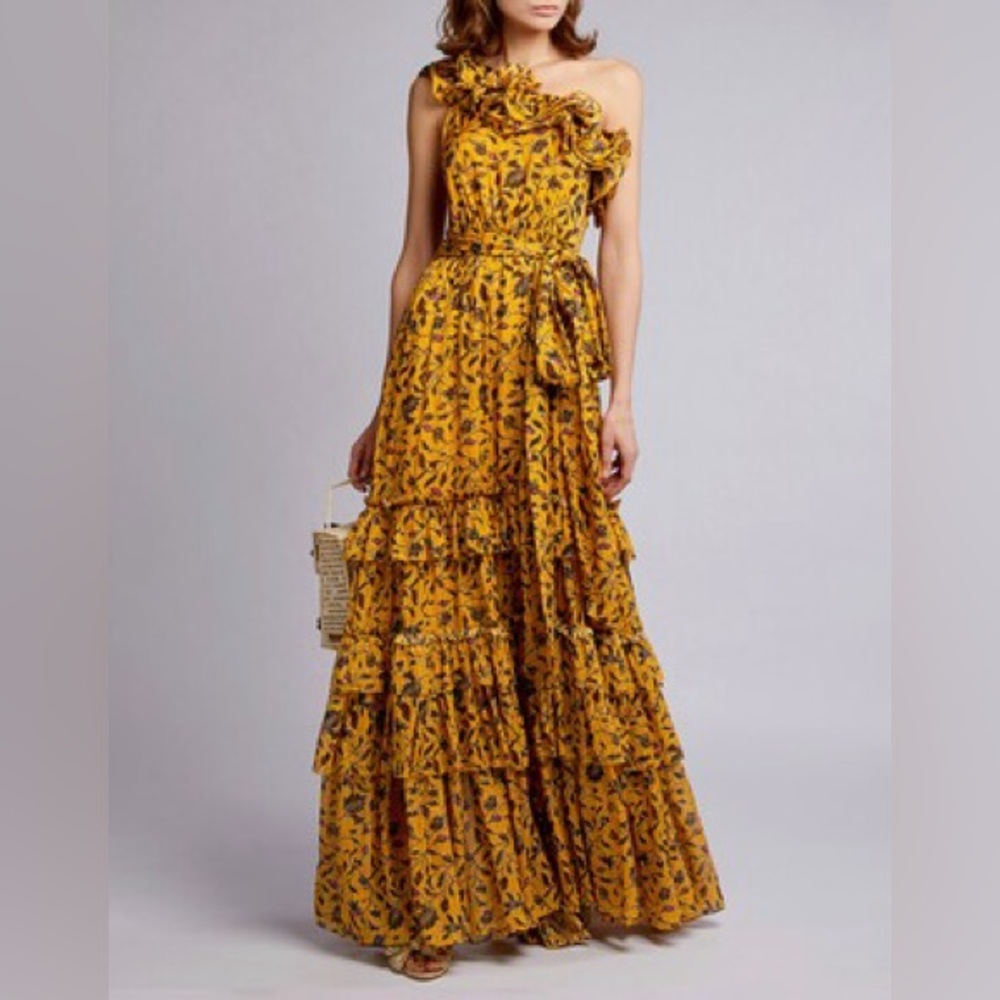Ulla Johnson 100% Silk Yellow Metallic Flower Appliqué One Shoulder Gown US2